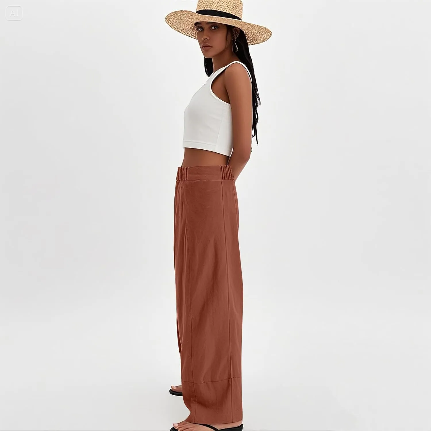 fanmpghleoo Linen Pants Women Summer Wide Leg Casual Palazzo Beach Pants Loose Lounge Linen Trousers with Pockets