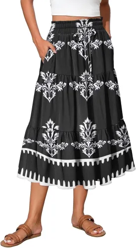 Floral Midi Skirts for Women Summer Tiered Drawstring High Waist Mid Calf Skirts Pleated A-Line Boho Skirt with Pocket