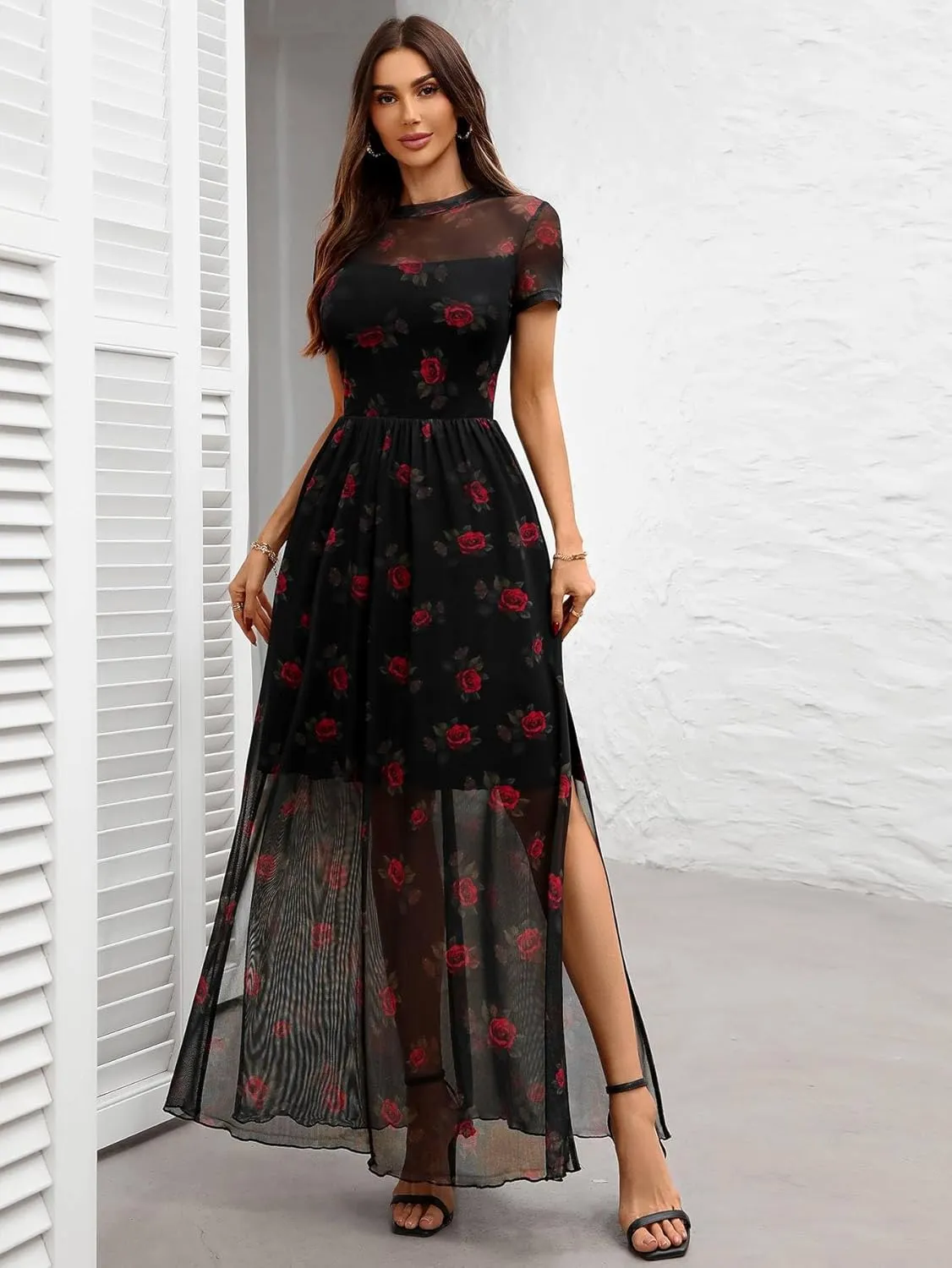 GothDark Women's Mesh Dress Short Sleeve Round Collar Floral Print Waist-Cinched Maxi Summer Casual Dress