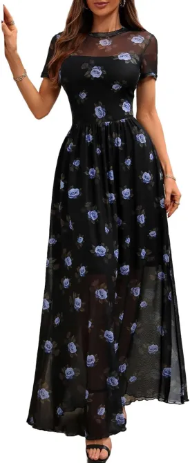 GothDark Women's Mesh Dress Short Sleeve Round Collar Floral Print Waist-Cinched Maxi Summer Casual Dress
