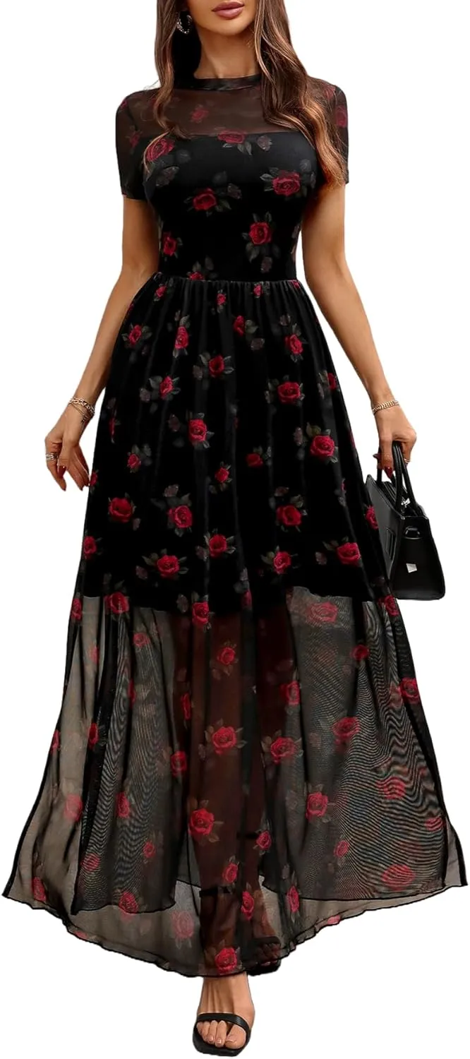 GothDark Women's Mesh Dress Short Sleeve Round Collar Floral Print Waist-Cinched Maxi Summer Casual Dress