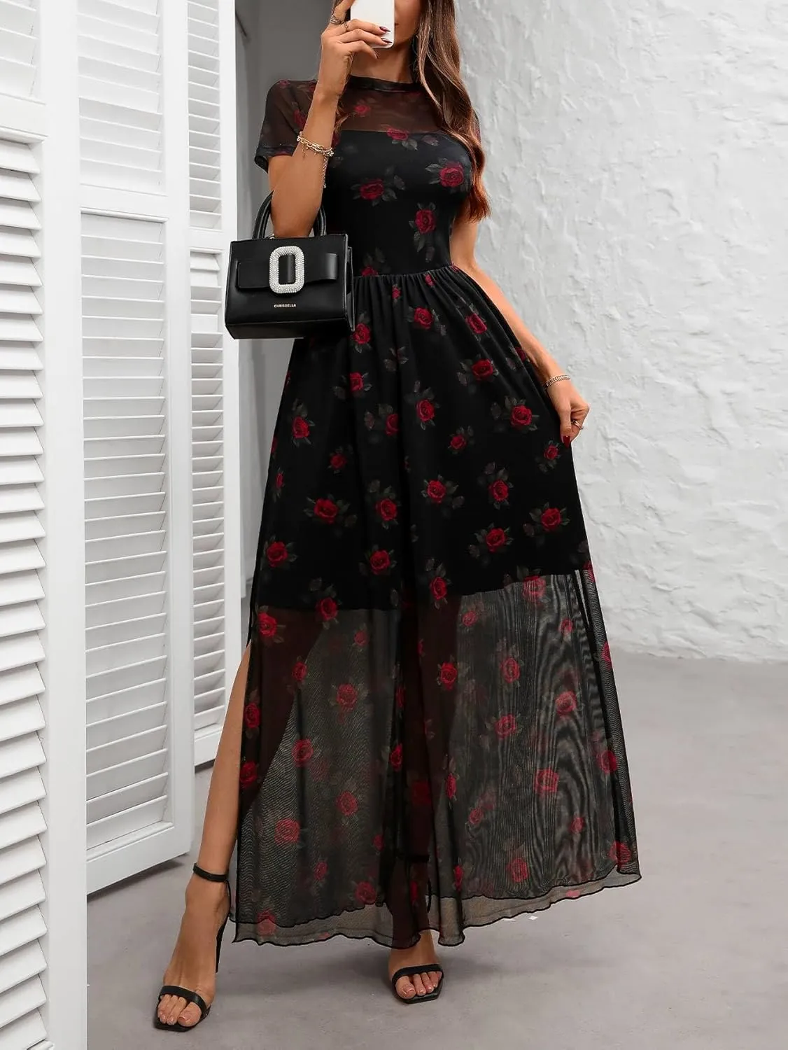 GothDark Women's Mesh Dress Short Sleeve Round Collar Floral Print Waist-Cinched Maxi Summer Casual Dress