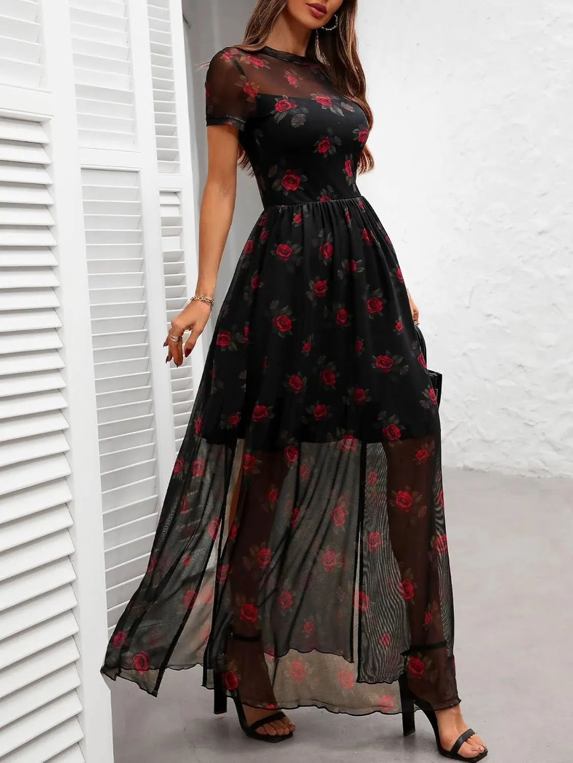 GothDark Women's Mesh Dress Short Sleeve Round Collar Floral Print Waist-Cinched Maxi Summer Casual Dress