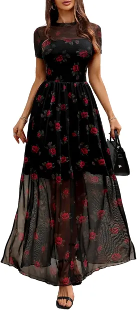 GothDark Women's Mesh Dress Short Sleeve Round Collar Floral Print Waist-Cinched Maxi Summer Casual Dress