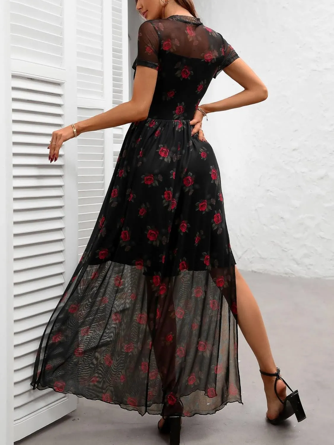 GothDark Women's Mesh Dress Short Sleeve Round Collar Floral Print Waist-Cinched Maxi Summer Casual Dress