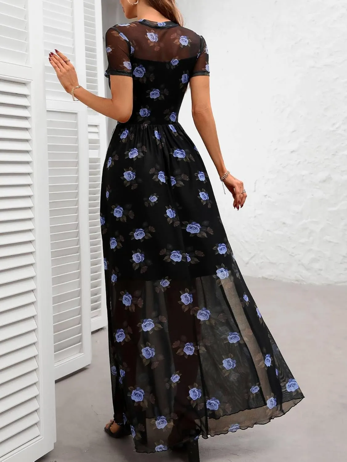 GothDark Women's Mesh Dress Short Sleeve Round Collar Floral Print Waist-Cinched Maxi Summer Casual Dress
