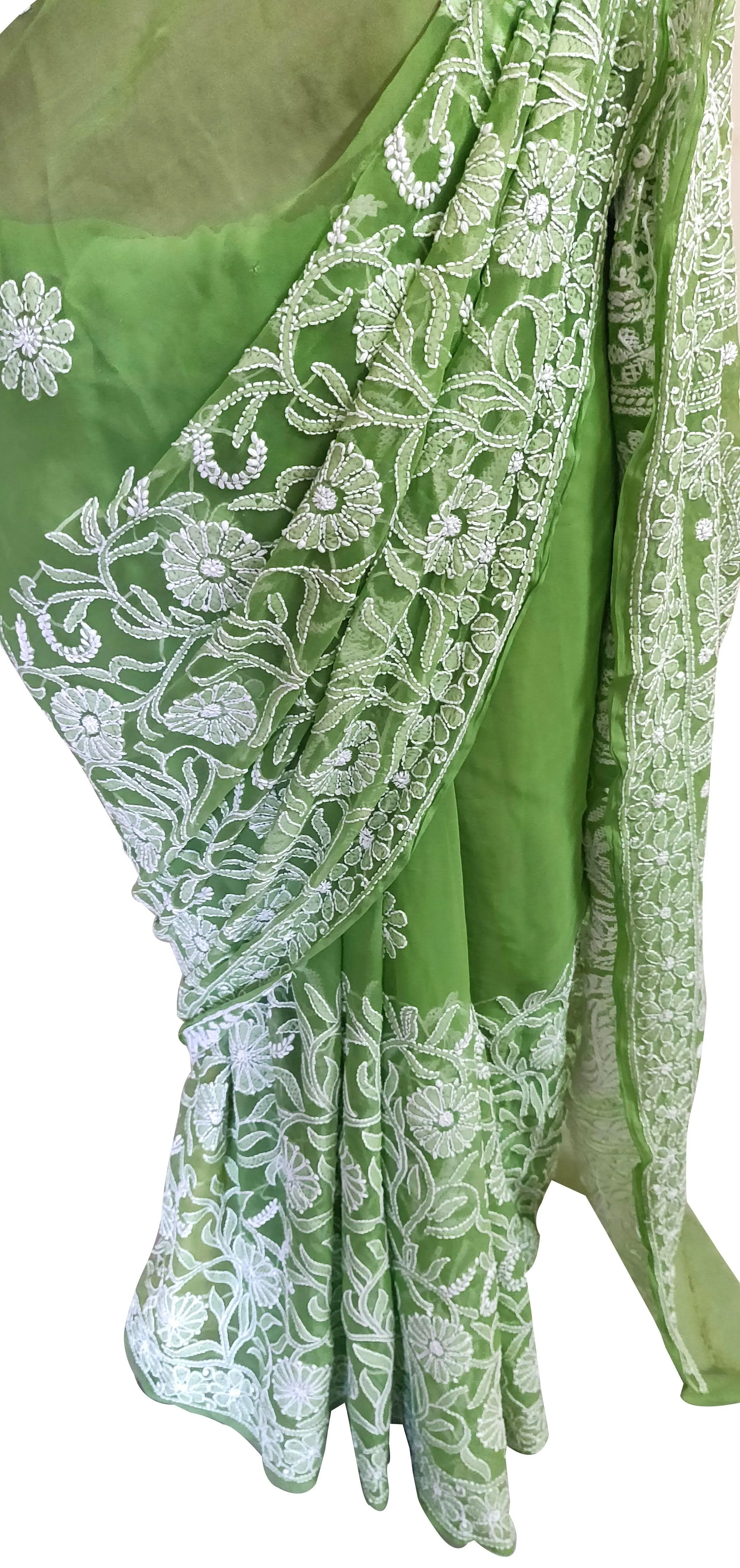 Hand Embroidered Heavy Chikankari Green Chiffon Saree CK76