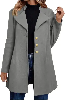 HGps8w Notch Lapel Trench Coat for Women Dressy Wool Blend Mid-Long Winter Pea Coat Plain Outerwear Jackets with Pockets