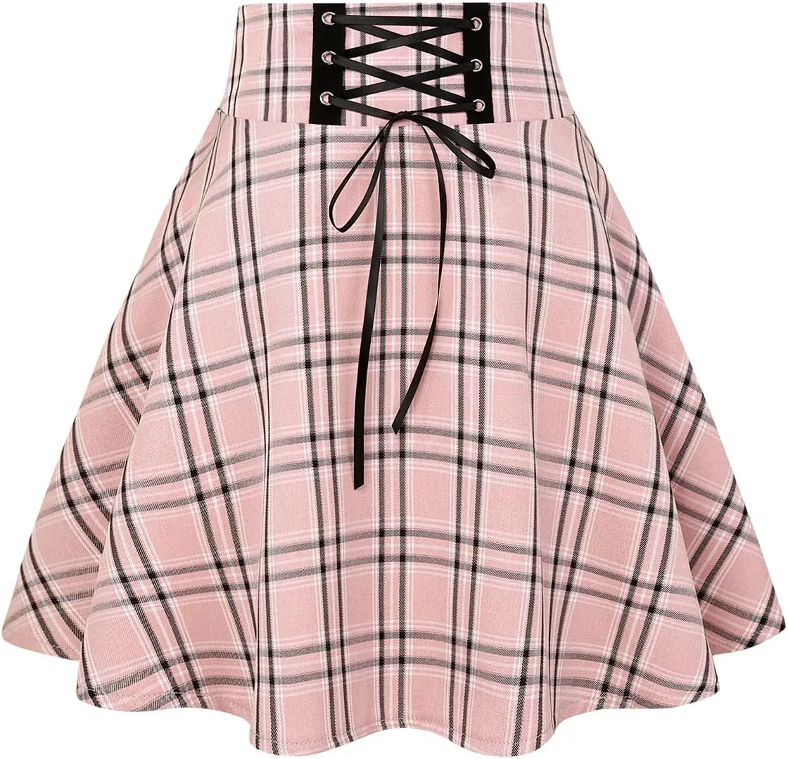 IDEALSANXUN Gothic Plaid Mini Skirts for Women Short High Waist Plaid Skirts