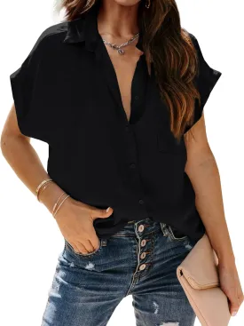 Inorin Womens Casual Short Sleeve Button Down Shirts V Neck Collared Shirt Tops Blouses with Pockets