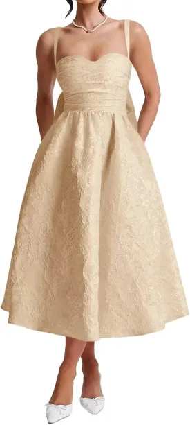 Jacquard Satin Prom Dresses Bow Back for Women Sweetheart Tea Length A Line Formal Party Gown