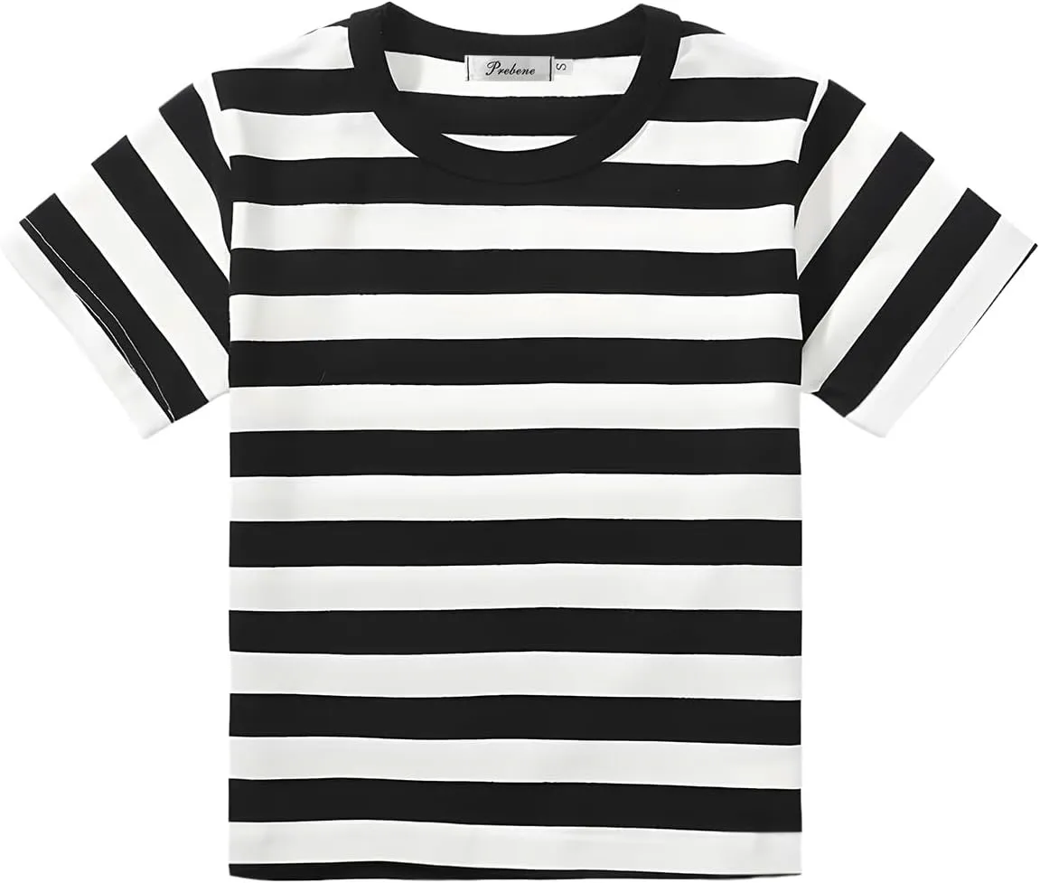 Kids Striped T Shirt, Boys Girls Short Sleeve T-Shirts, Crewneck Tee for Kids 3-12 Years