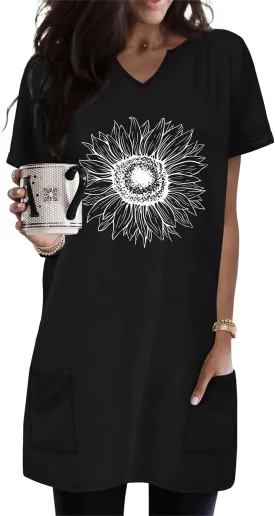 KISSMODA Women's Short Sleeve Tunic Tops Summer for Leggings T-shirts Long Tunics with Pockets Dresses Pullover Hoodies