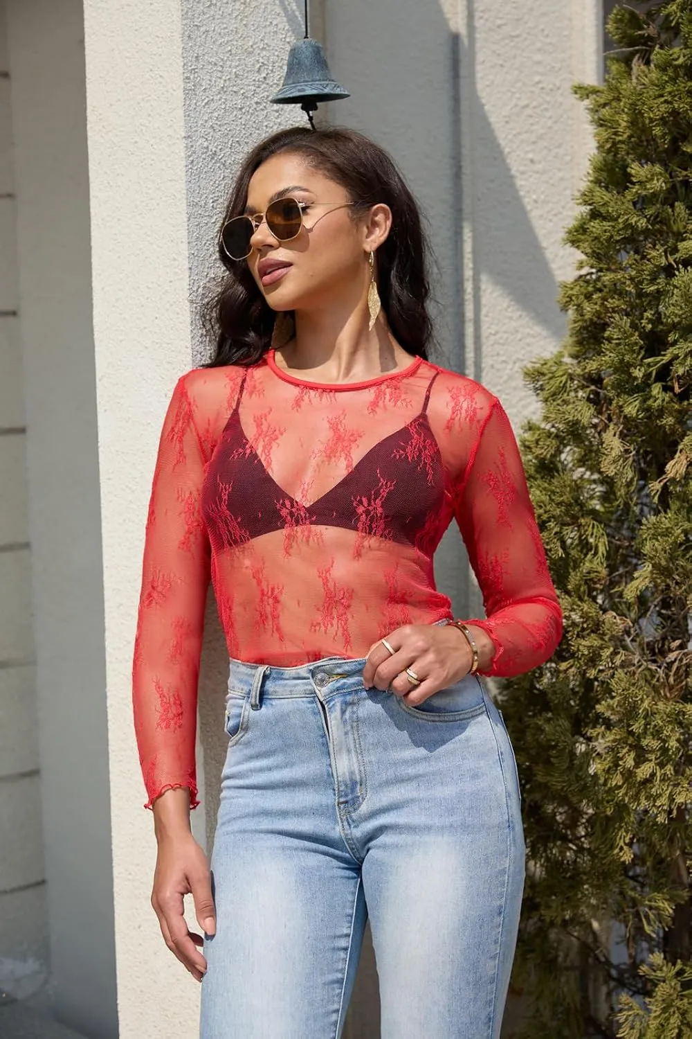 Lace Tops for Women Mesh Long Sleeve Top Crew Neck Sheer Blouse Sexy See Through Layering Shirts Outfits