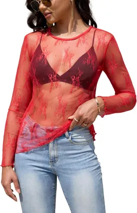 Lace Tops for Women Mesh Long Sleeve Top Crew Neck Sheer Blouse Sexy See Through Layering Shirts Outfits