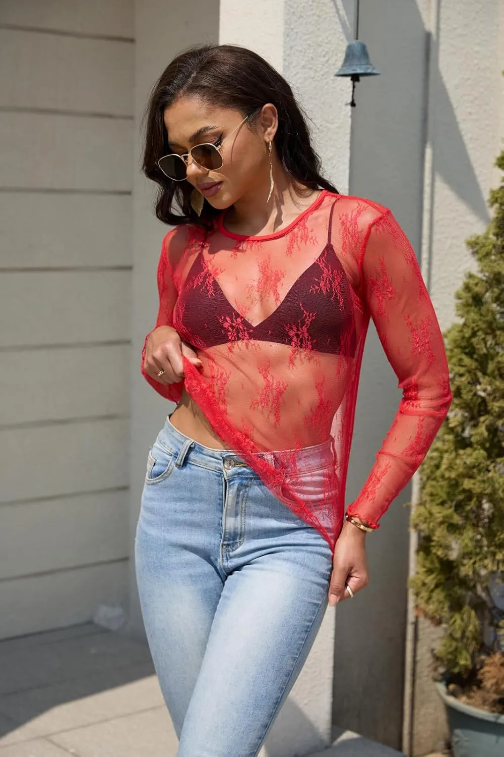 Lace Tops for Women Mesh Long Sleeve Top Crew Neck Sheer Blouse Sexy See Through Layering Shirts Outfits