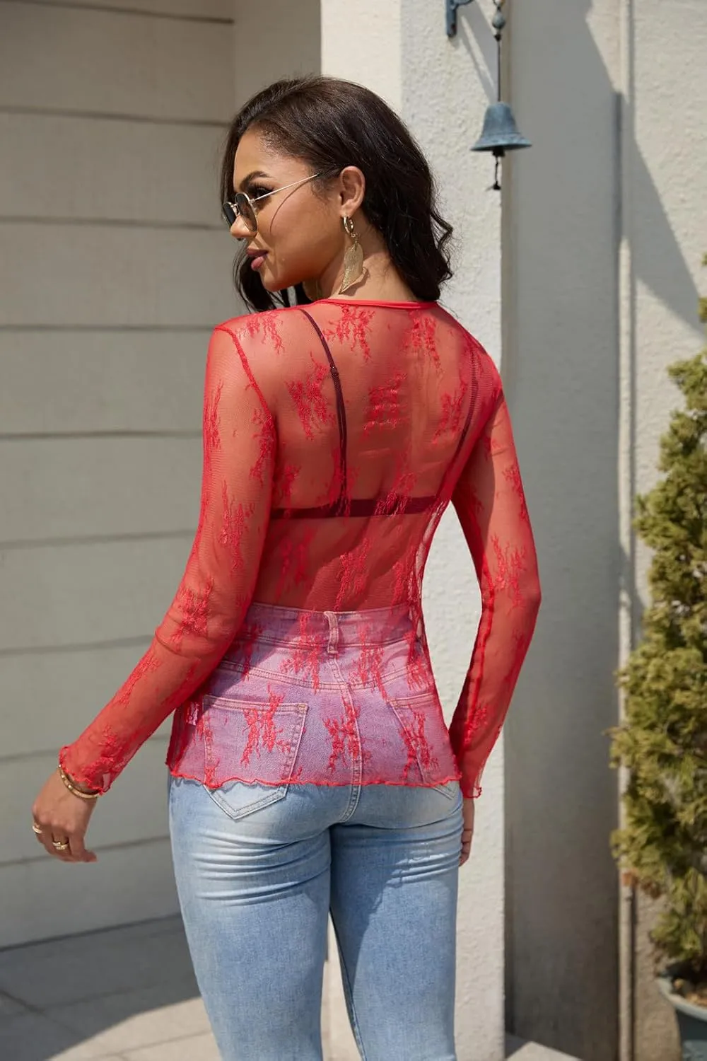 Lace Tops for Women Mesh Long Sleeve Top Crew Neck Sheer Blouse Sexy See Through Layering Shirts Outfits