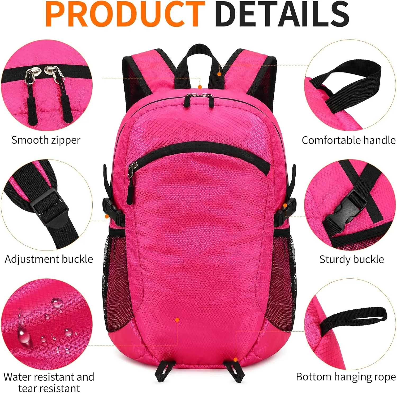 Lightweight Hiking Backpack Small,Waterproof Hiking Daypack,Foldable Backpack for Travel,Ultralight Daypack (Pink, Small)