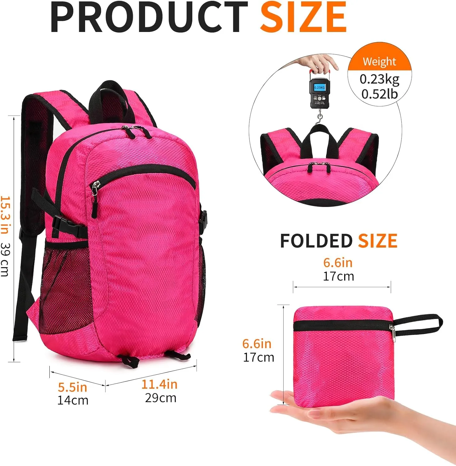 Lightweight Hiking Backpack Small,Waterproof Hiking Daypack,Foldable Backpack for Travel,Ultralight Daypack (Pink, Small)