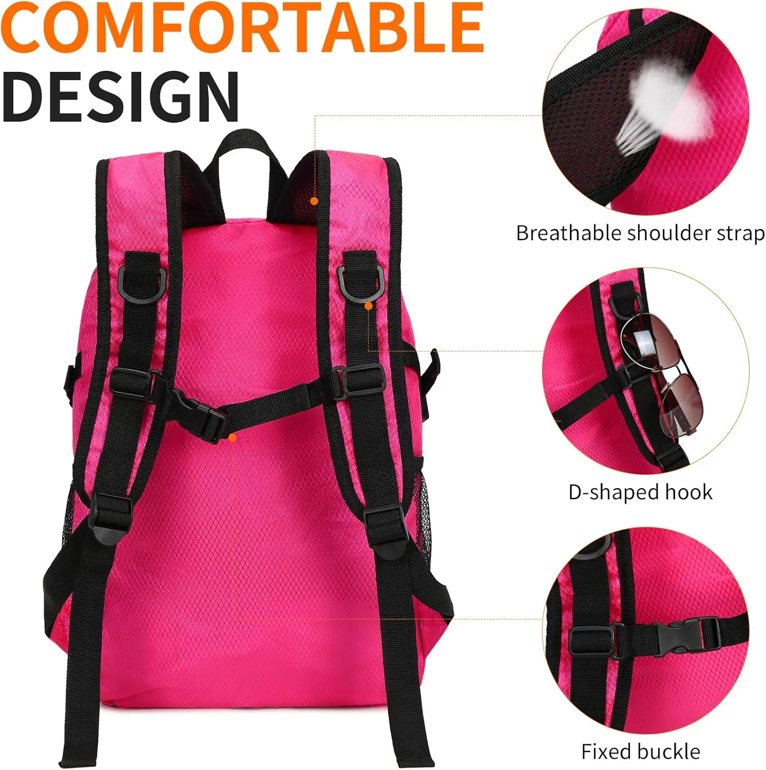 Lightweight Hiking Backpack Small,Waterproof Hiking Daypack,Foldable Backpack for Travel,Ultralight Daypack (Pink, Small)