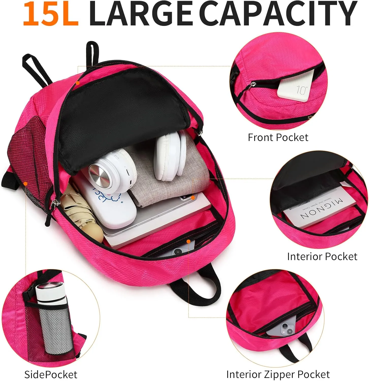 Lightweight Hiking Backpack Small,Waterproof Hiking Daypack,Foldable Backpack for Travel,Ultralight Daypack (Pink, Small)