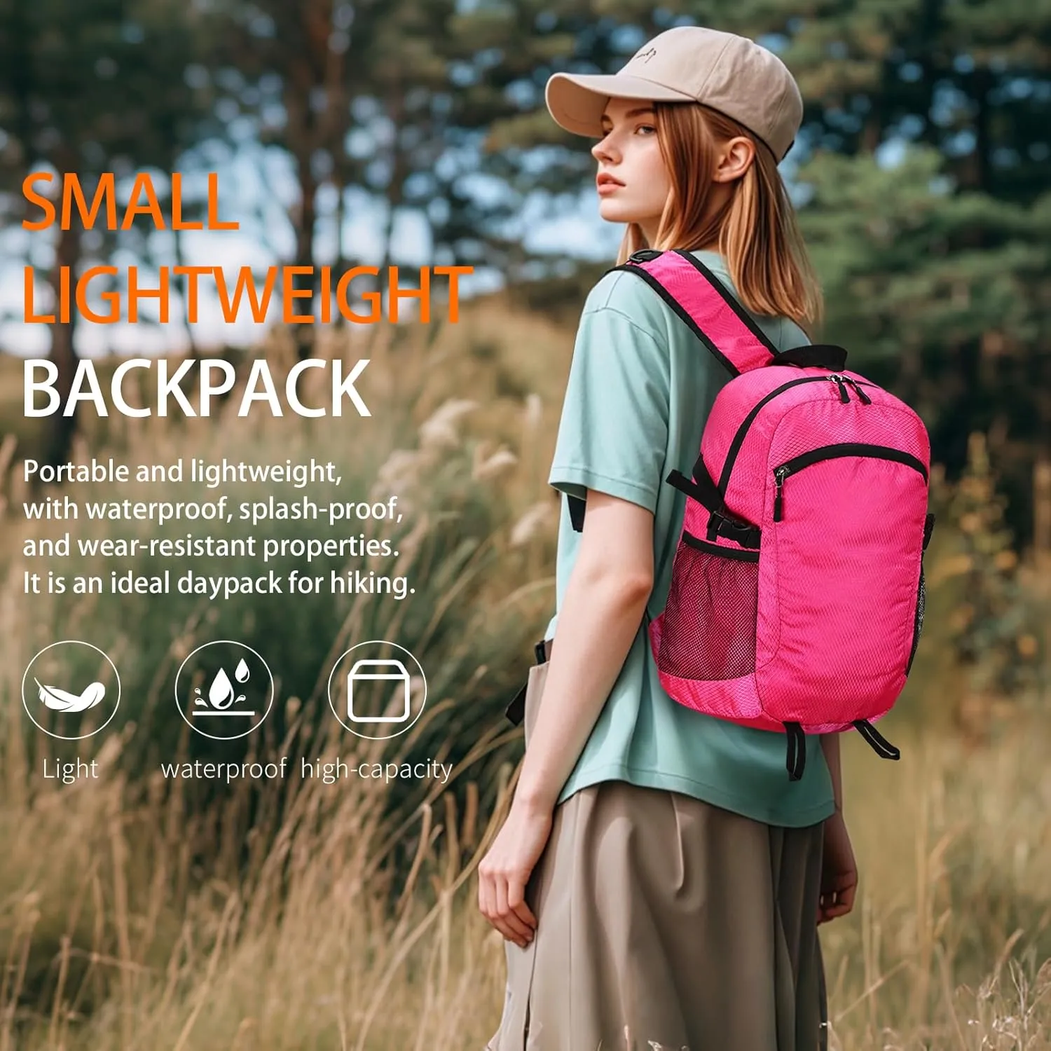 Lightweight Hiking Backpack Small,Waterproof Hiking Daypack,Foldable Backpack for Travel,Ultralight Daypack (Pink, Small)