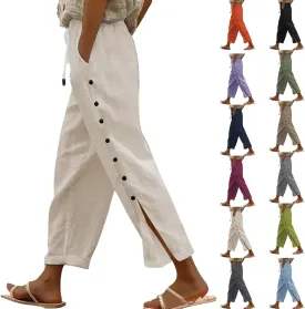 Linen Pants for Women 2025 Spring Summer Lightweight Long Pants Vacation Beach Trousers Side-Buttoned Closure Joggers