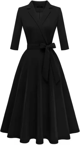 Meetjen Women's V-Neck Formal Dresses 3/4 Sleeve Modest Church Fit and Flare Cocktail Dress for Wedding Guest