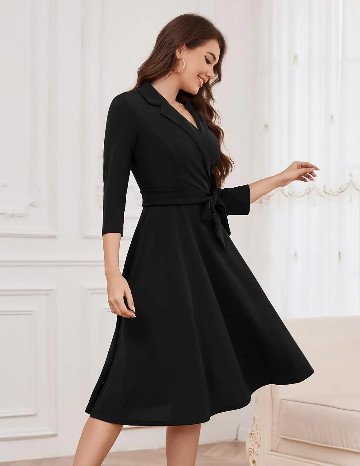 Meetjen Women's V-Neck Formal Dresses 3/4 Sleeve Modest Church Fit and Flare Cocktail Dress for Wedding Guest
