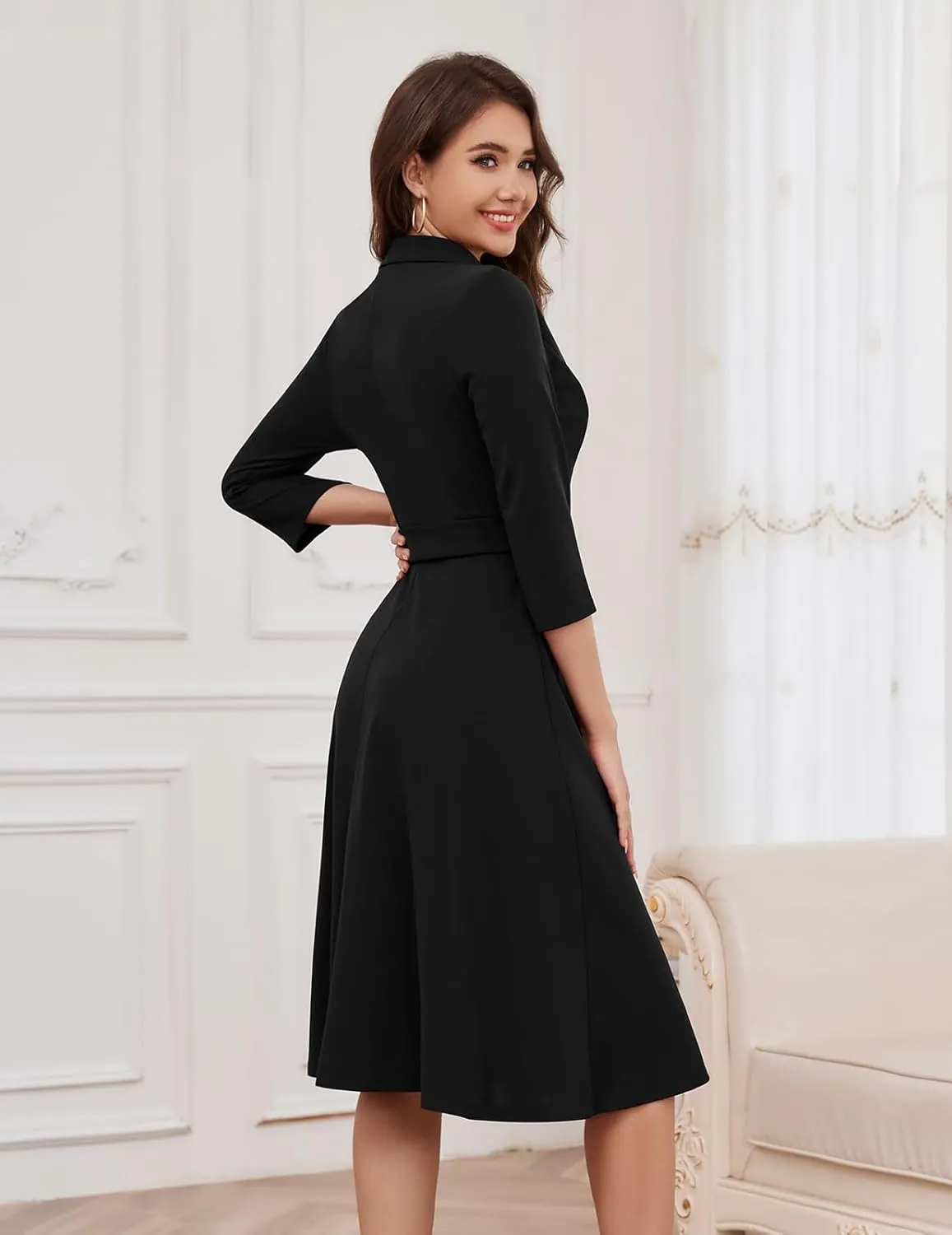 Meetjen Women's V-Neck Formal Dresses 3/4 Sleeve Modest Church Fit and Flare Cocktail Dress for Wedding Guest