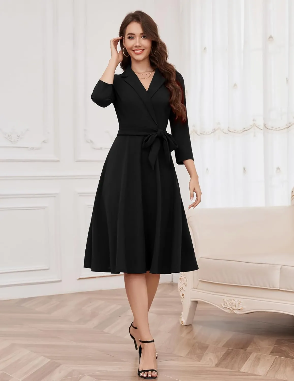 Meetjen Women's V-Neck Formal Dresses 3/4 Sleeve Modest Church Fit and Flare Cocktail Dress for Wedding Guest