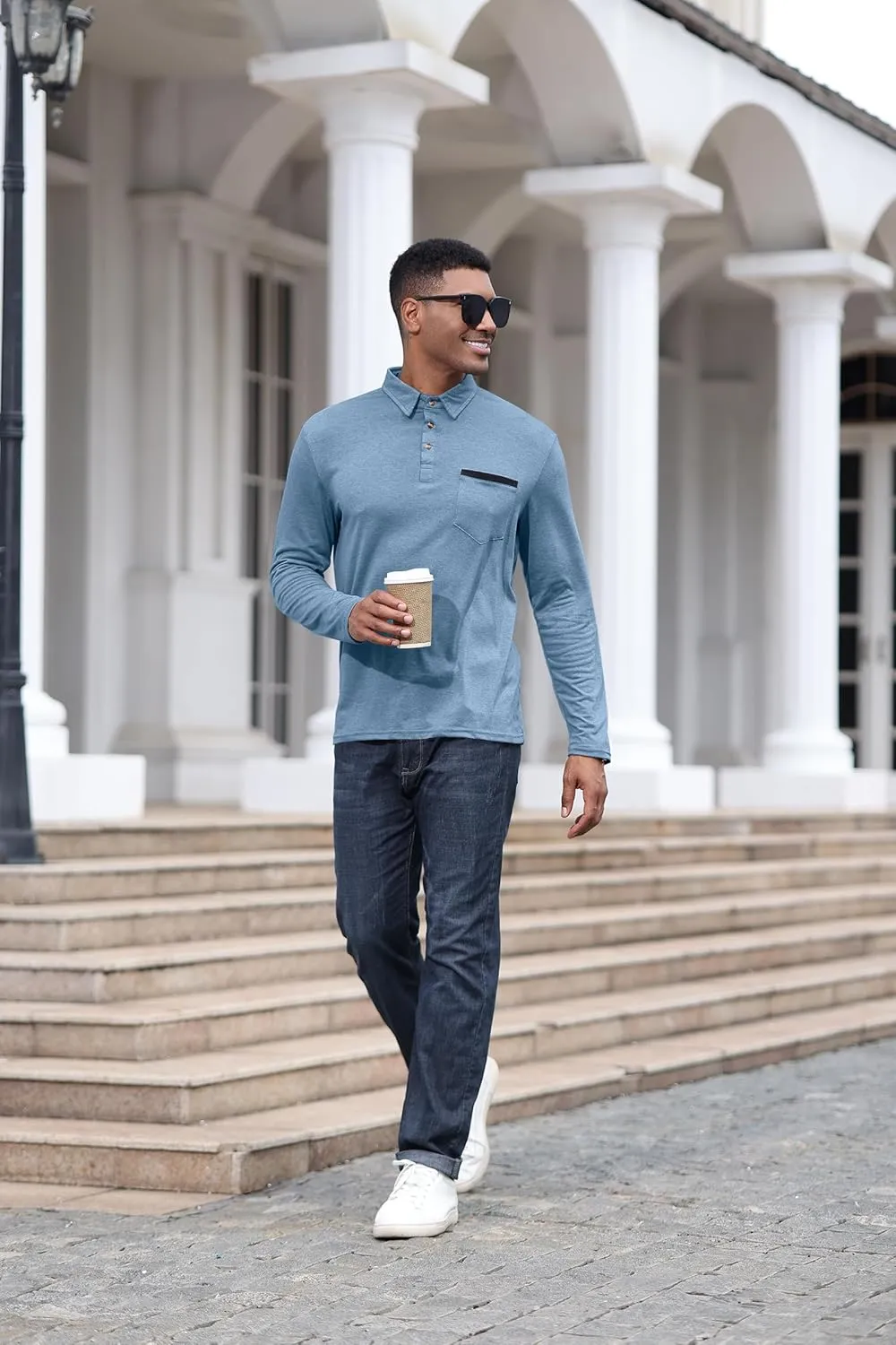 Mens Fashion Polo Shirts Cotton Classic Long Sleeve Thermal Button Shirt with Pocket