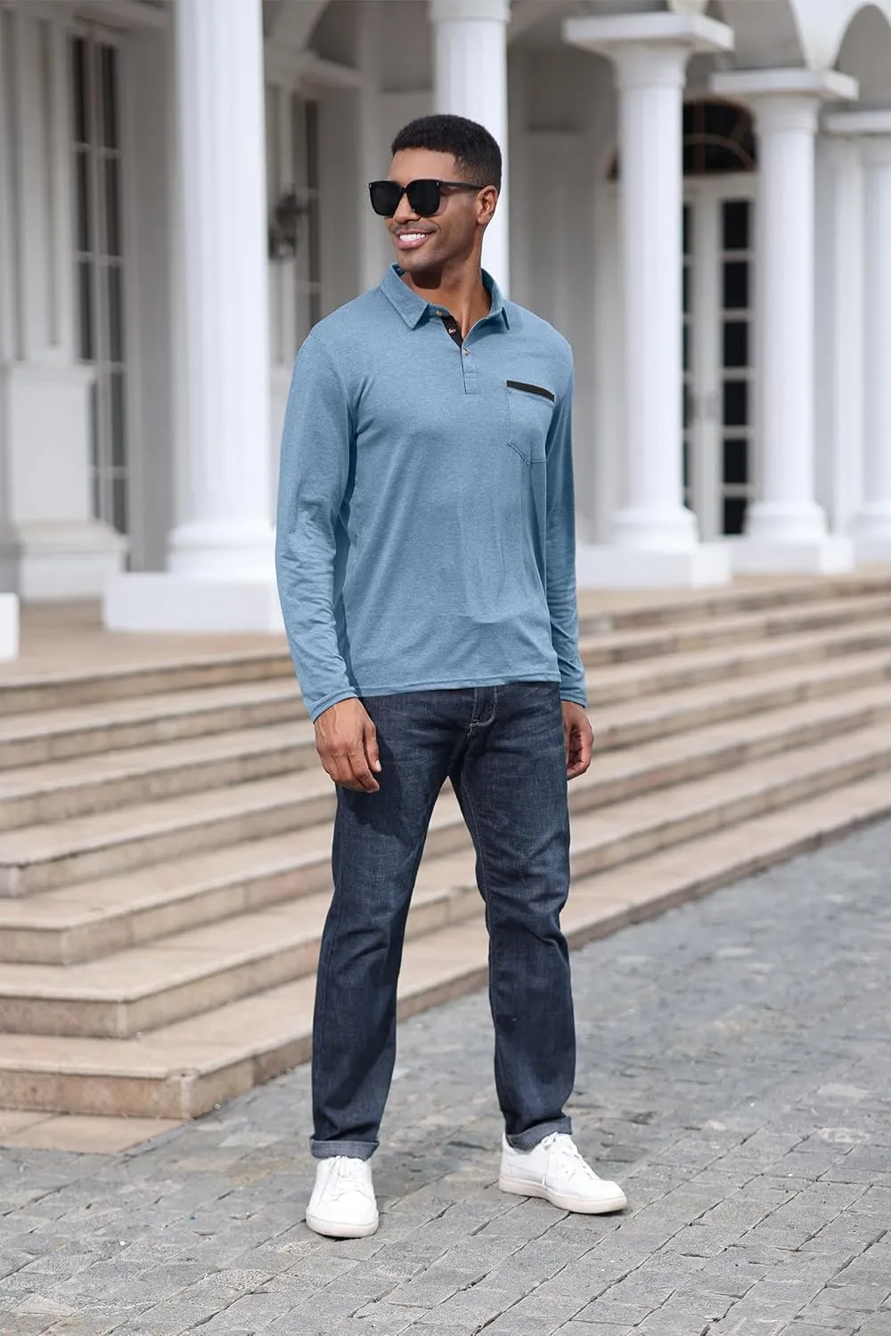 Mens Fashion Polo Shirts Cotton Classic Long Sleeve Thermal Button Shirt with Pocket