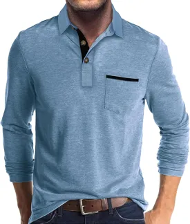 Mens Fashion Polo Shirts Cotton Classic Long Sleeve Thermal Button Shirt with Pocket