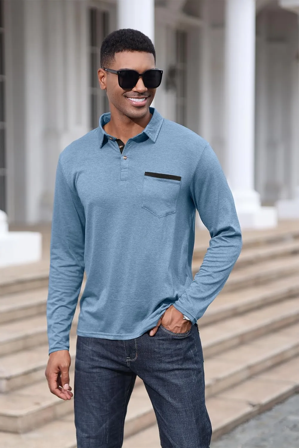 Mens Fashion Polo Shirts Cotton Classic Long Sleeve Thermal Button Shirt with Pocket