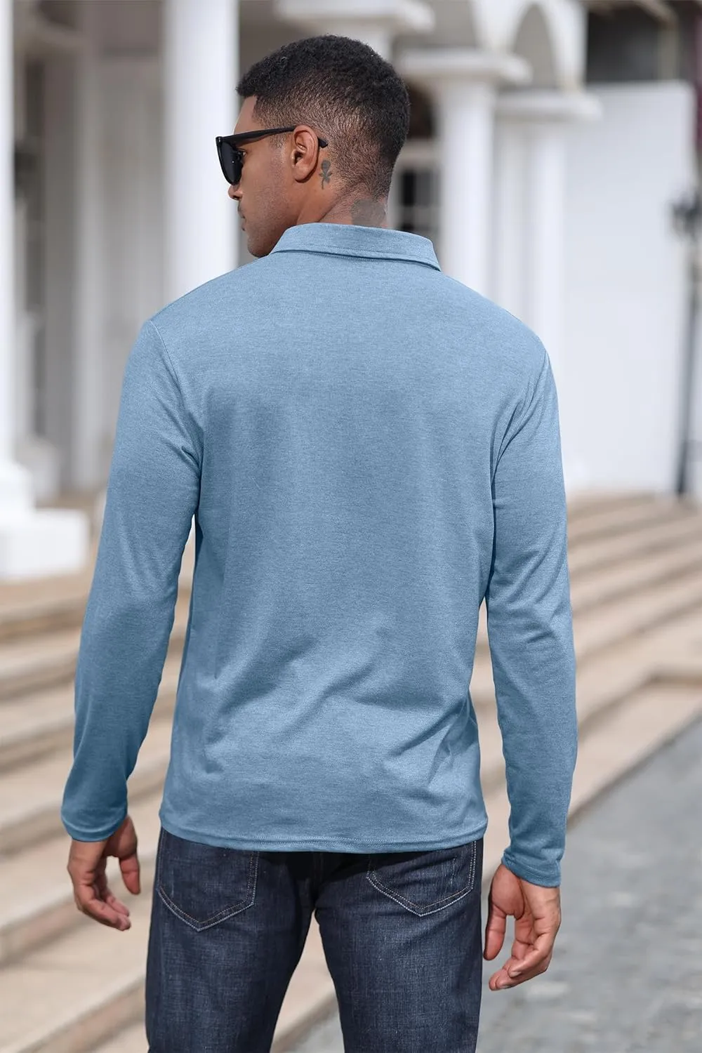 Mens Fashion Polo Shirts Cotton Classic Long Sleeve Thermal Button Shirt with Pocket