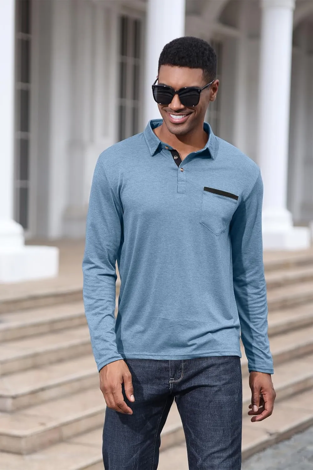 Mens Fashion Polo Shirts Cotton Classic Long Sleeve Thermal Button Shirt with Pocket