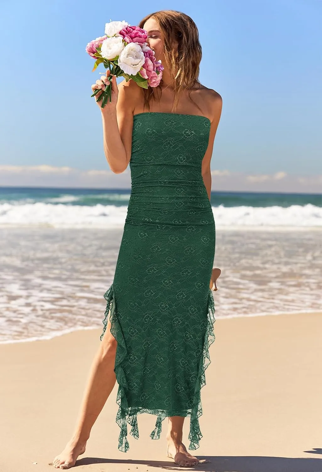 MEROKEETY Women's 2025 Strapless Bodycon Tube Midi Dress Sexy Floral Lace Ruffle Slit Wedding Guest Cocktail Party Dresses