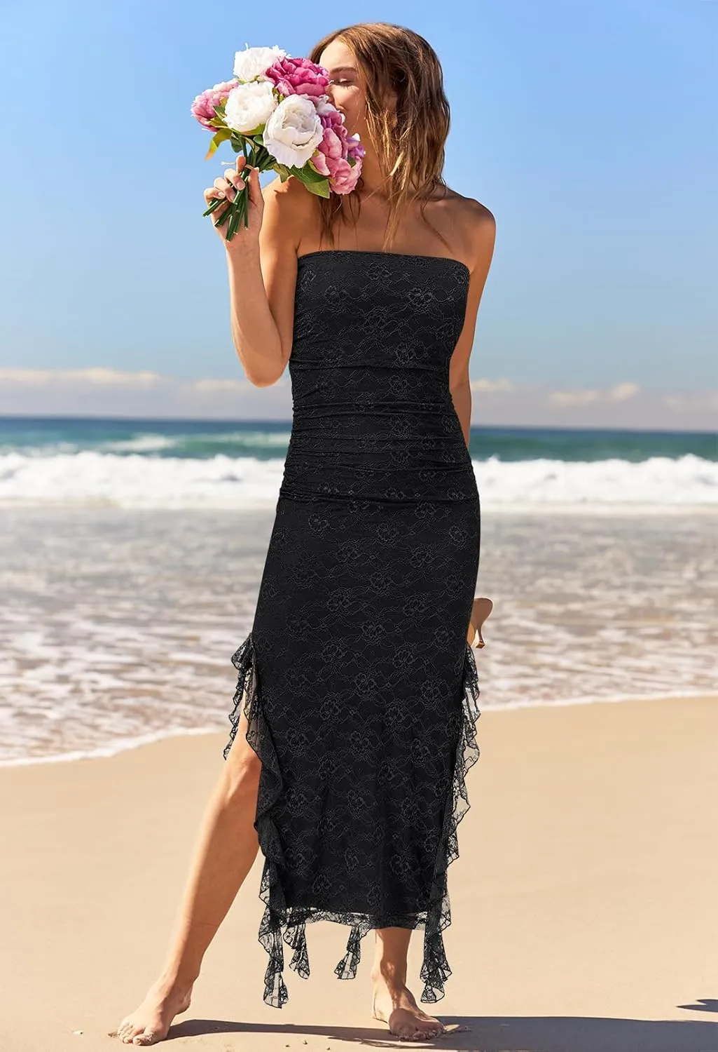MEROKEETY Women's 2025 Strapless Bodycon Tube Midi Dress Sexy Floral Lace Ruffle Slit Wedding Guest Cocktail Party Dresses