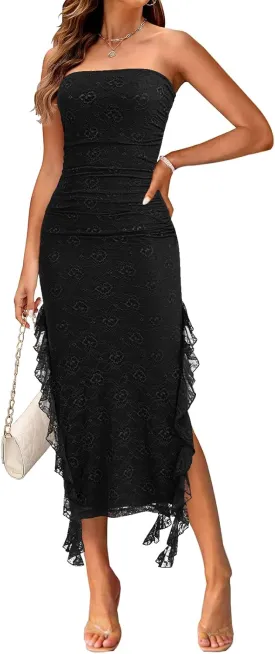 MEROKEETY Women's 2025 Strapless Bodycon Tube Midi Dress Sexy Floral Lace Ruffle Slit Wedding Guest Cocktail Party Dresses