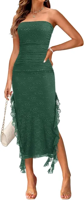 MEROKEETY Women's 2025 Strapless Bodycon Tube Midi Dress Sexy Floral Lace Ruffle Slit Wedding Guest Cocktail Party Dresses