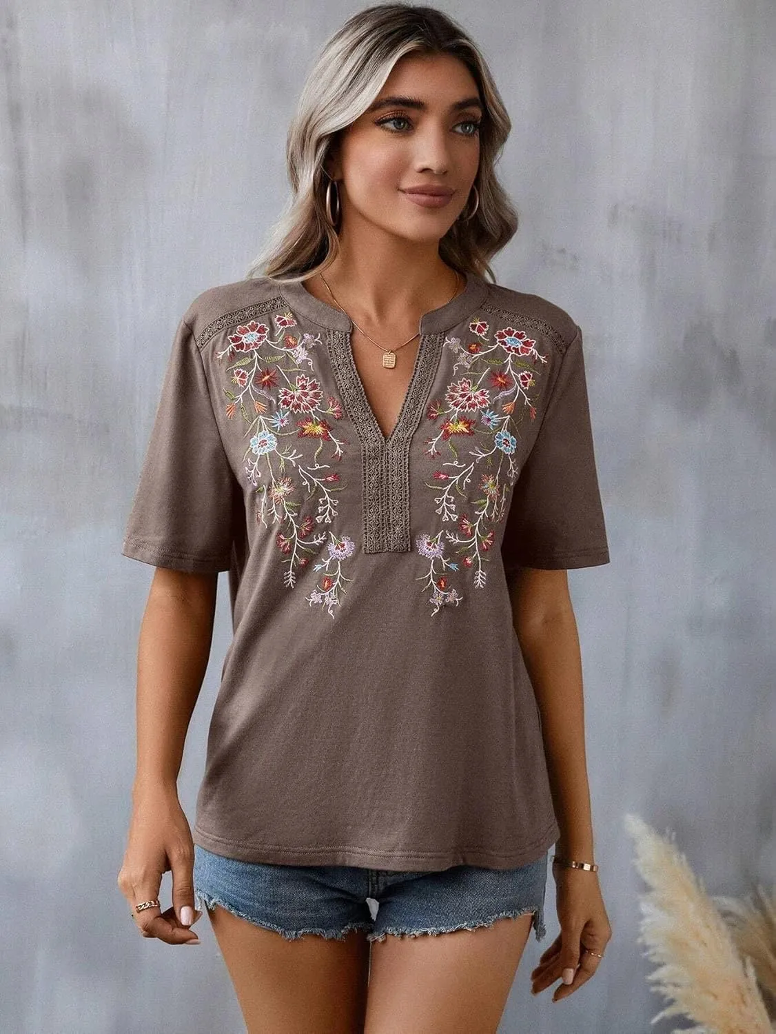 Mexican Shirts for Women Embroidered Tops Traditional Summer Blouse Floral Tunic V Neck Short Sleeve T Shirt