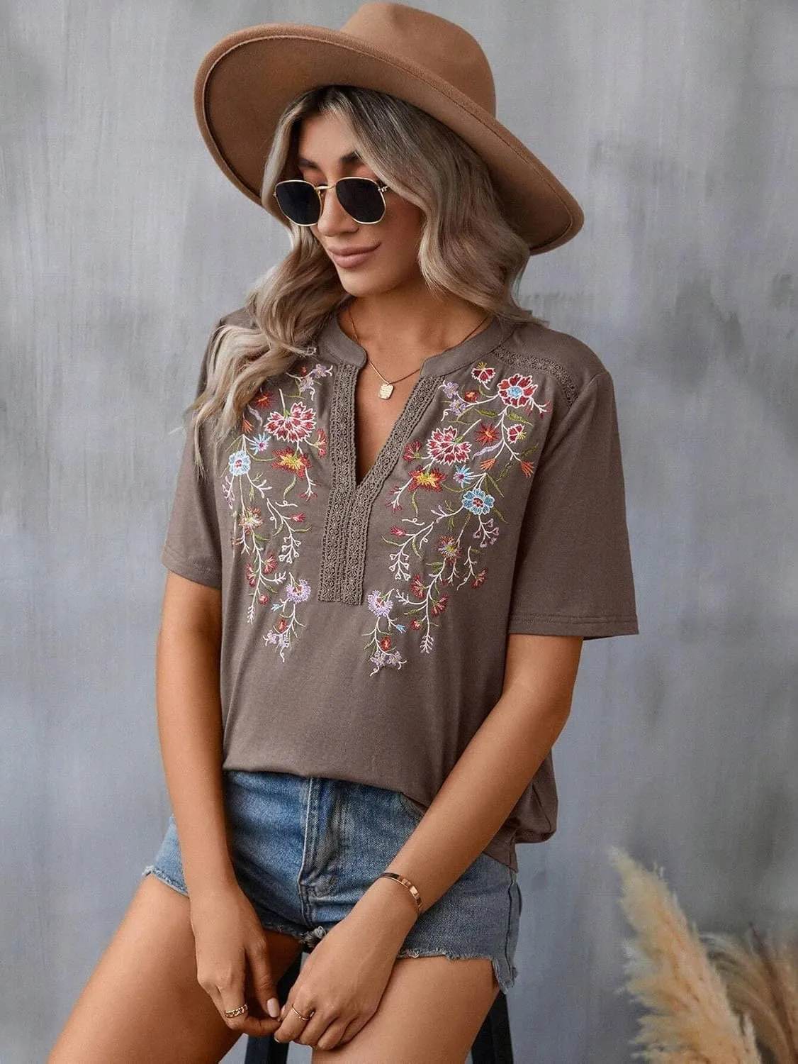 Mexican Shirts for Women Embroidered Tops Traditional Summer Blouse Floral Tunic V Neck Short Sleeve T Shirt