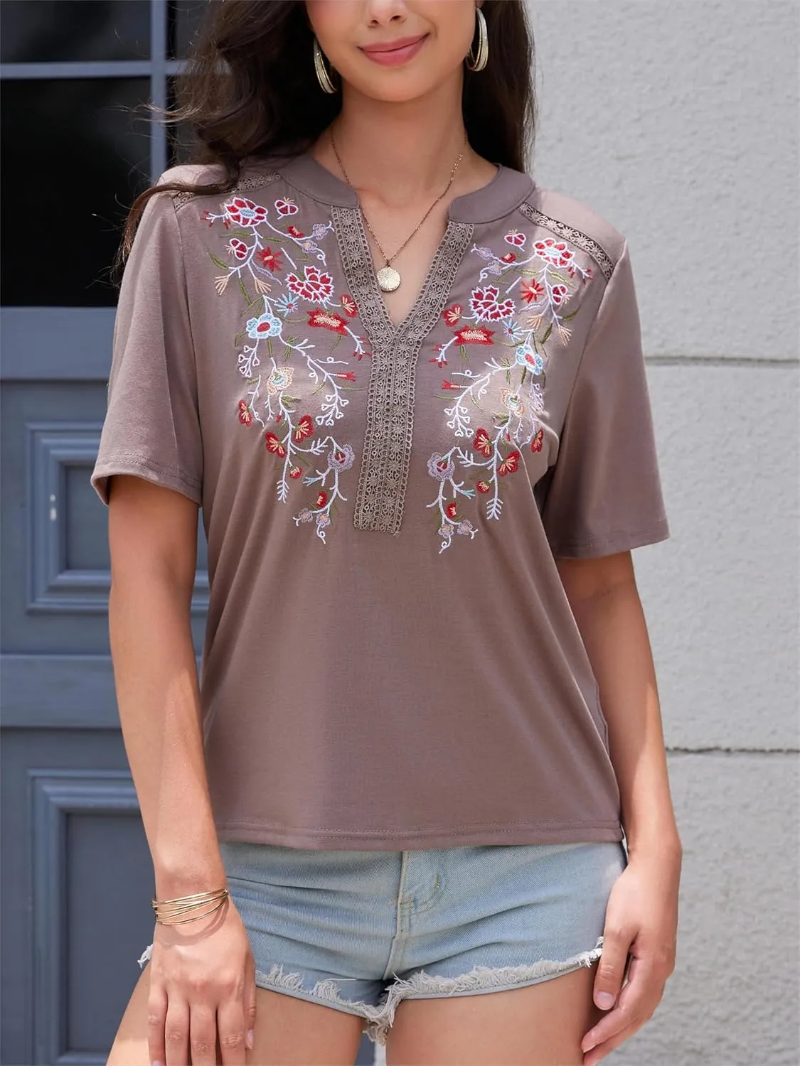Mexican Shirts for Women Embroidered Tops Traditional Summer Blouse Floral Tunic V Neck Short Sleeve T Shirt