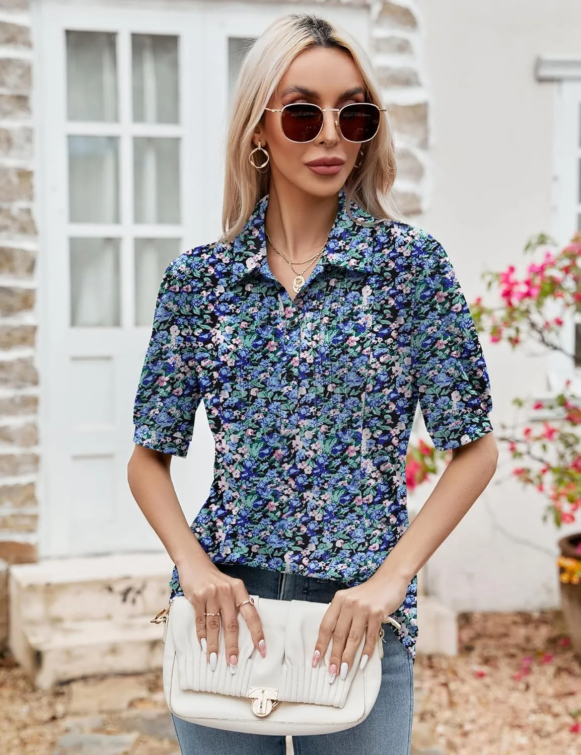 Micoson Womens Blouses Dressy Casual Short Sleeve Button Down Collared Polo Shirt Loose Tunic 2023 Summer Tops