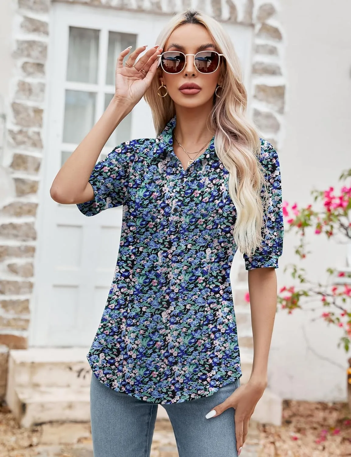 Micoson Womens Blouses Dressy Casual Short Sleeve Button Down Collared Polo Shirt Loose Tunic 2023 Summer Tops