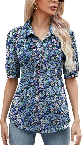 Micoson Womens Blouses Dressy Casual Short Sleeve Button Down Collared Polo Shirt Loose Tunic 2023 Summer Tops