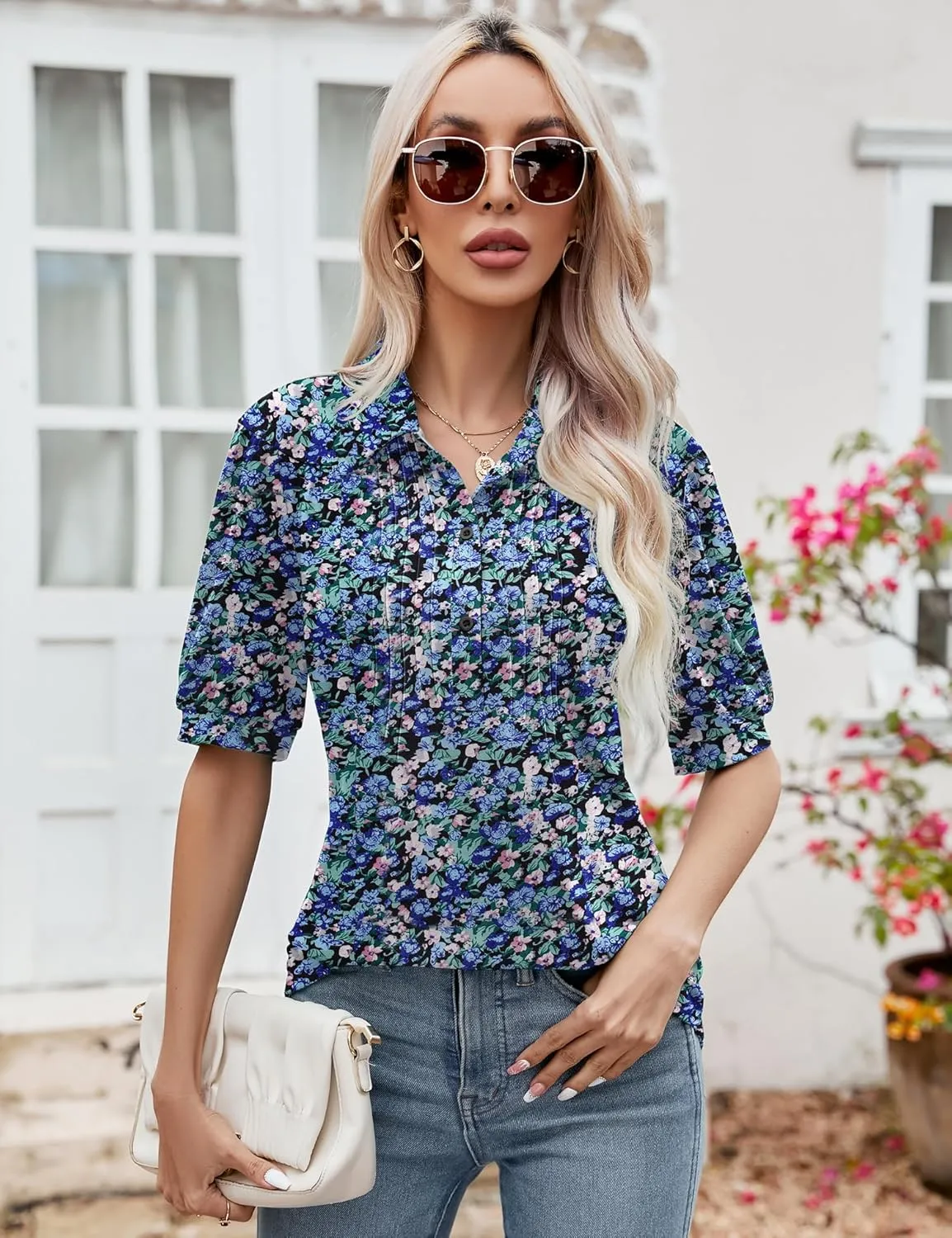 Micoson Womens Blouses Dressy Casual Short Sleeve Button Down Collared Polo Shirt Loose Tunic 2023 Summer Tops