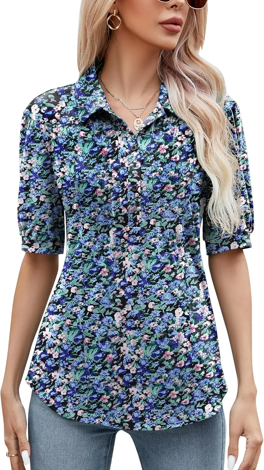 Micoson Womens Blouses Dressy Casual Short Sleeve Button Down Collared Polo Shirt Loose Tunic 2023 Summer Tops