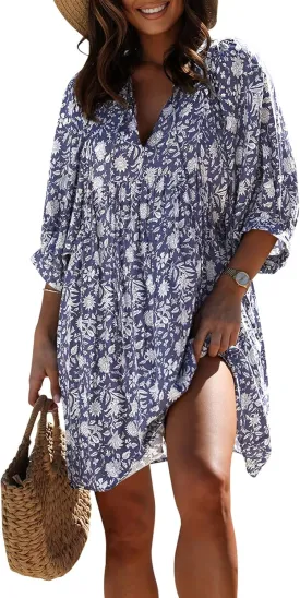 miduo Womens Casual V Neck Summer Half Sleeve Bohemian Floral Mini Tunic Short Dresses